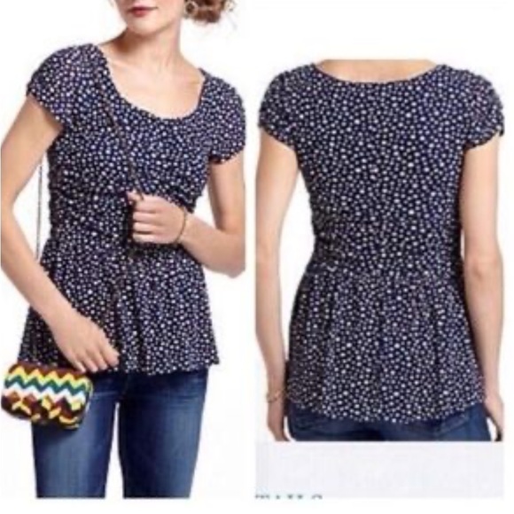 Anthropologie Postmark Women Ruched Peplum Polka Dot Top Navy White - Picture 3 of 4